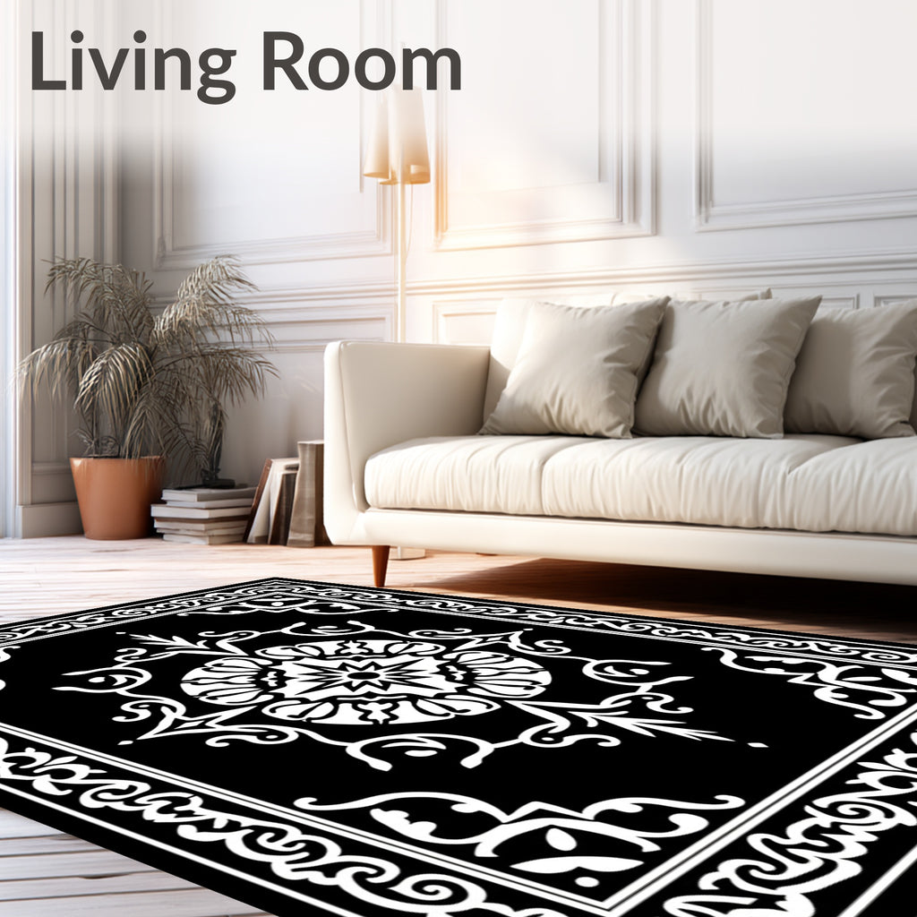 Ornate Black White Scrollwork Centerpiece Rug