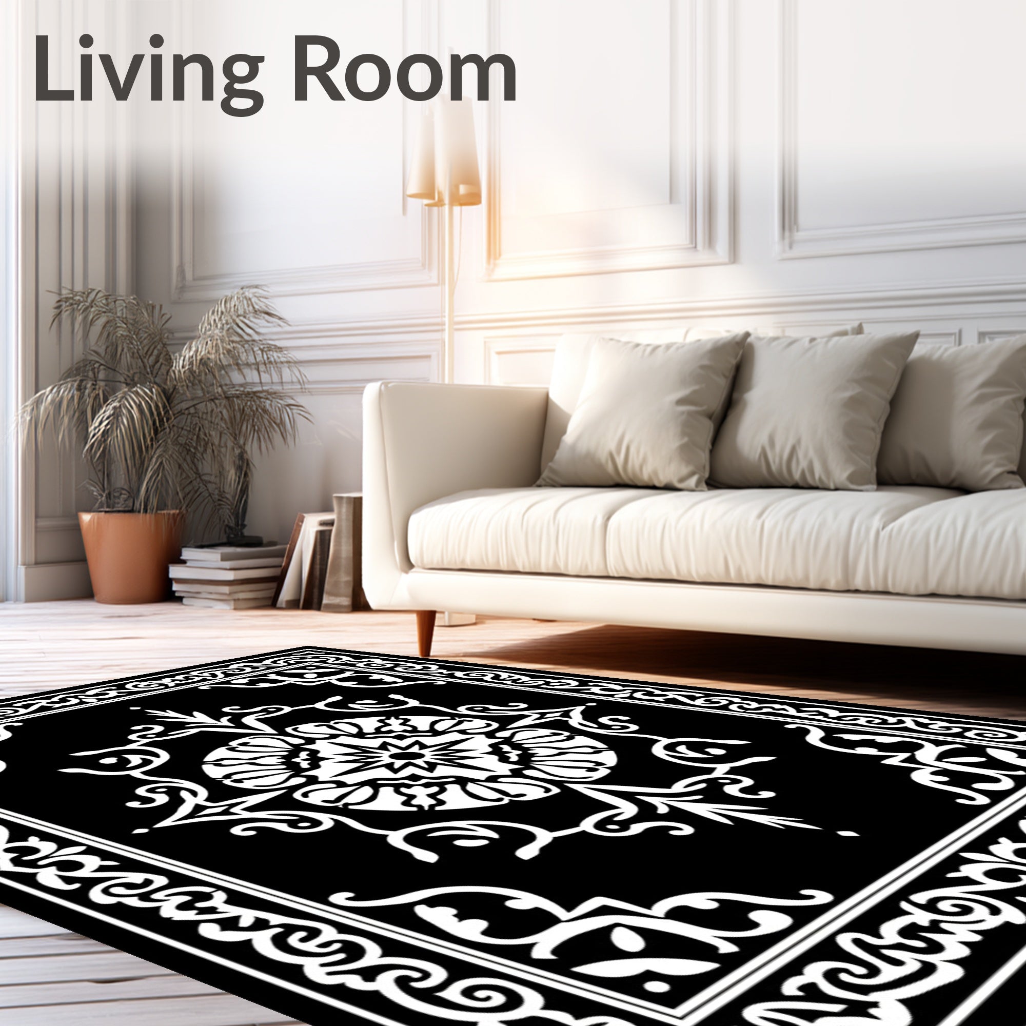 Ornate Black White Scrollwork Centerpiece Rug