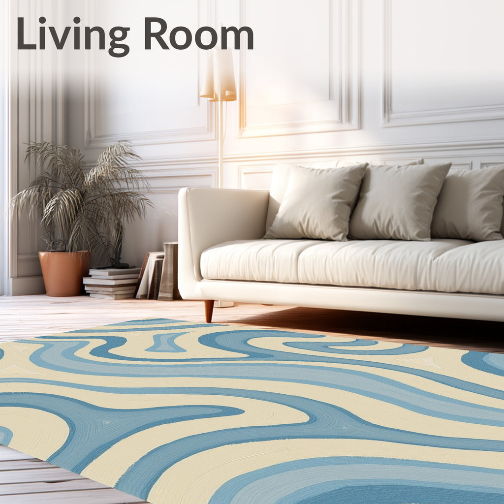 Cream Blue Abstract Swirl Rug