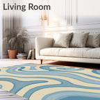 Cream Blue Abstract Swirl Rug