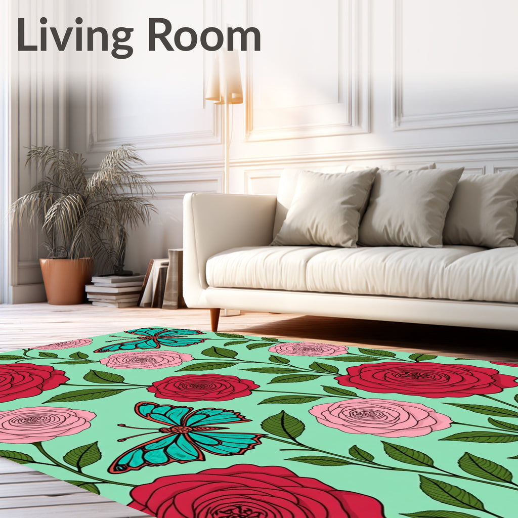 Whimsical Red Pink Rose Butterfly Garden Rug
