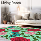 Whimsical Red Pink Rose Butterfly Garden Rug