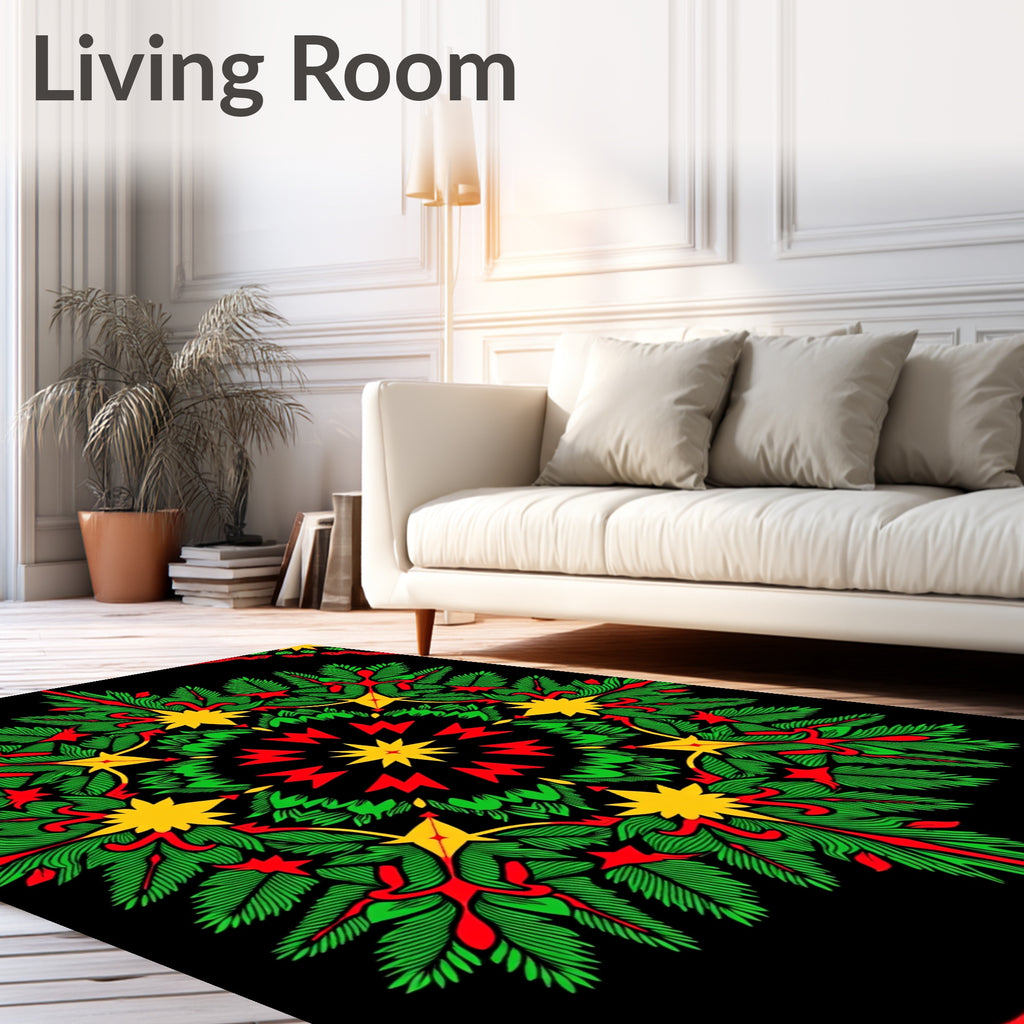 Festive Green Red Yellow Starburst Mandala Rug