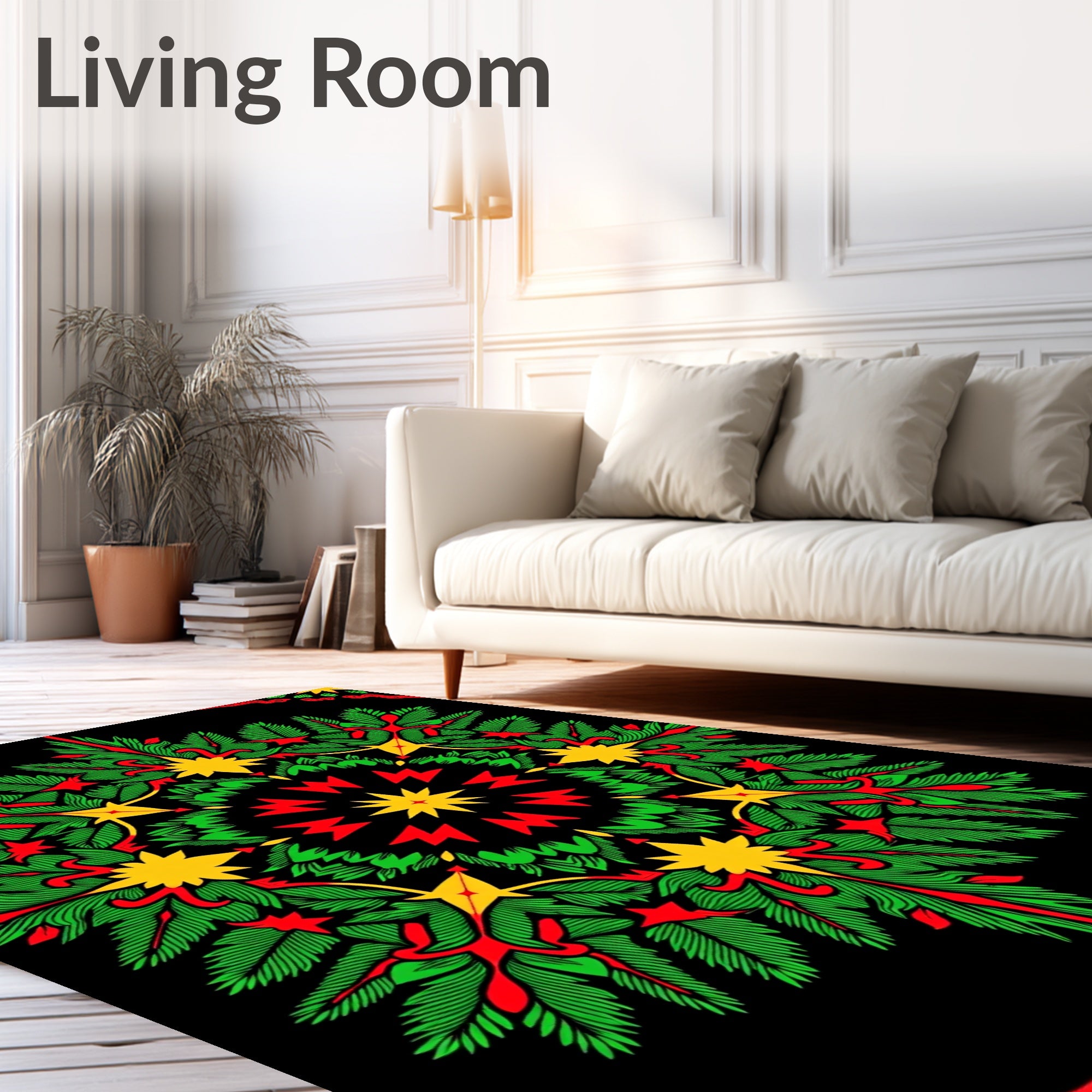 Festive Green Red Yellow Starburst Mandala Rug