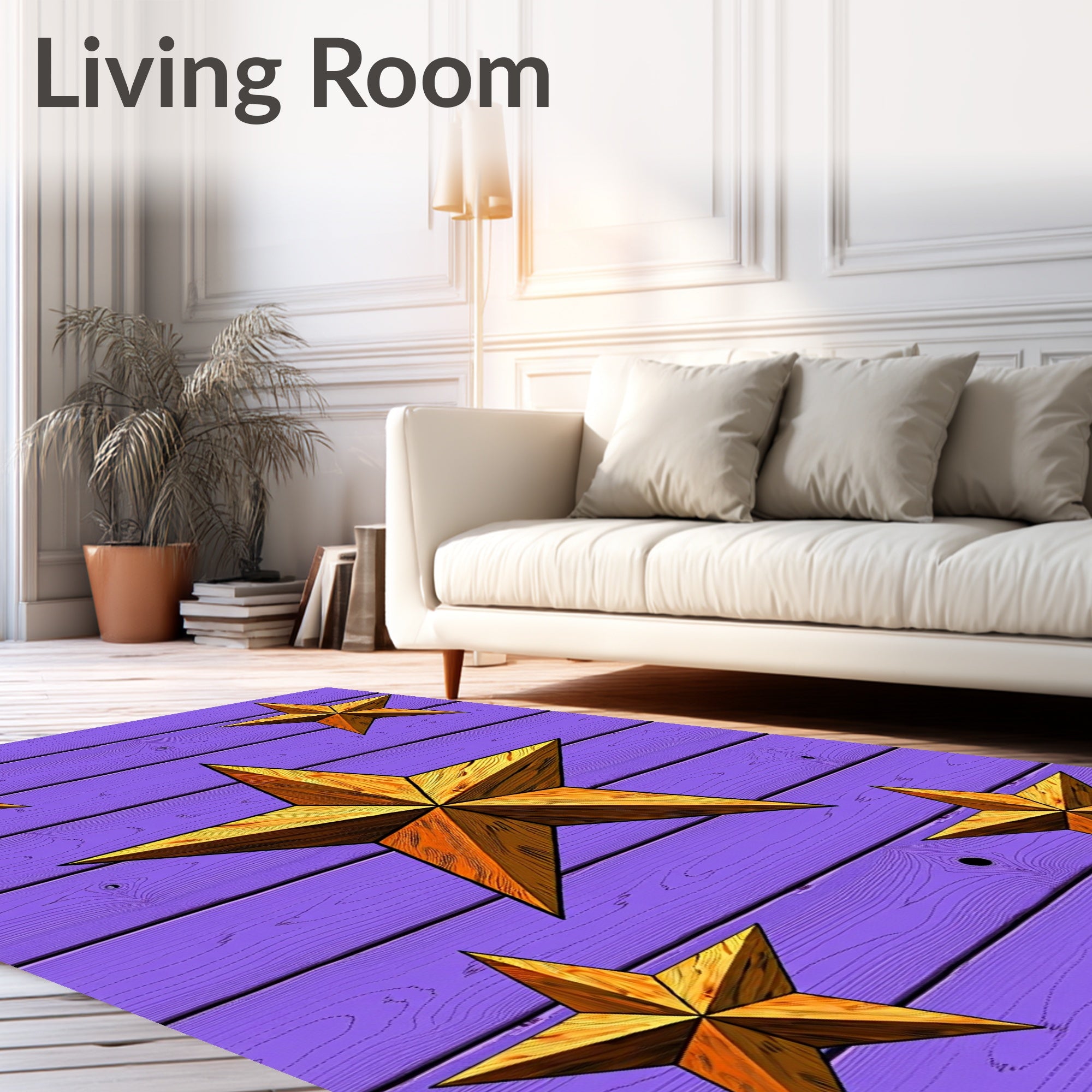 Golden Star Arrangement on Violet Wood Rug