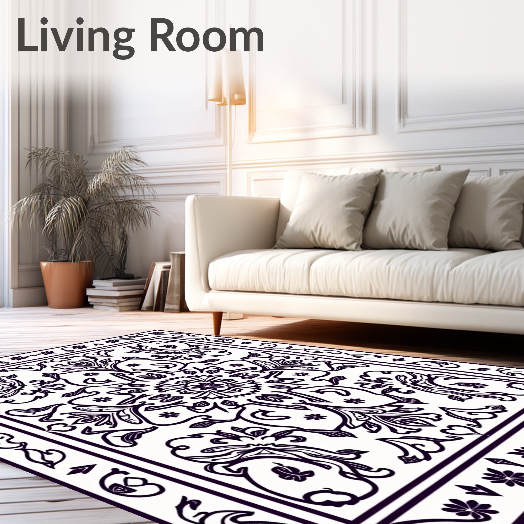 Ornate Black Floral Scroll Medallion Rug