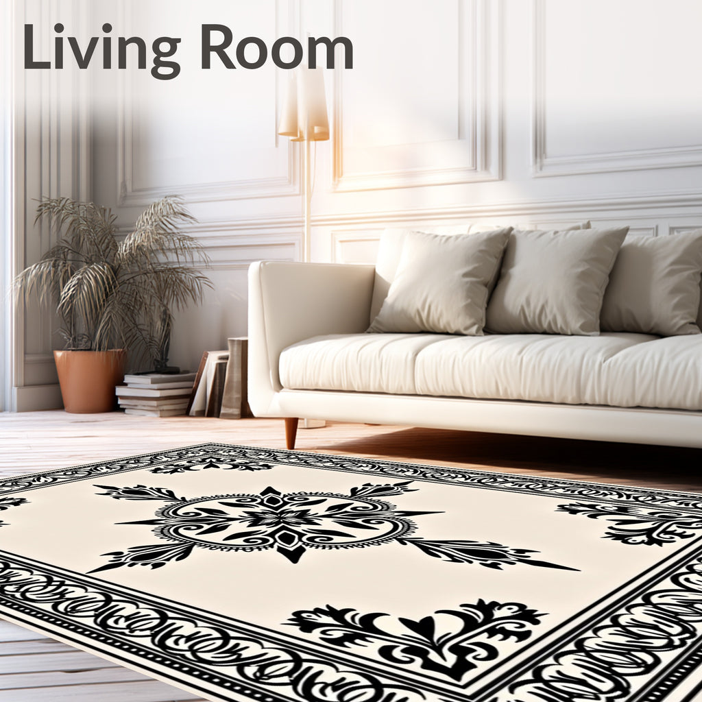 Black Floral Medallion on Cream Surface Rug