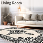 Black Floral Medallion on Cream Surface Rug