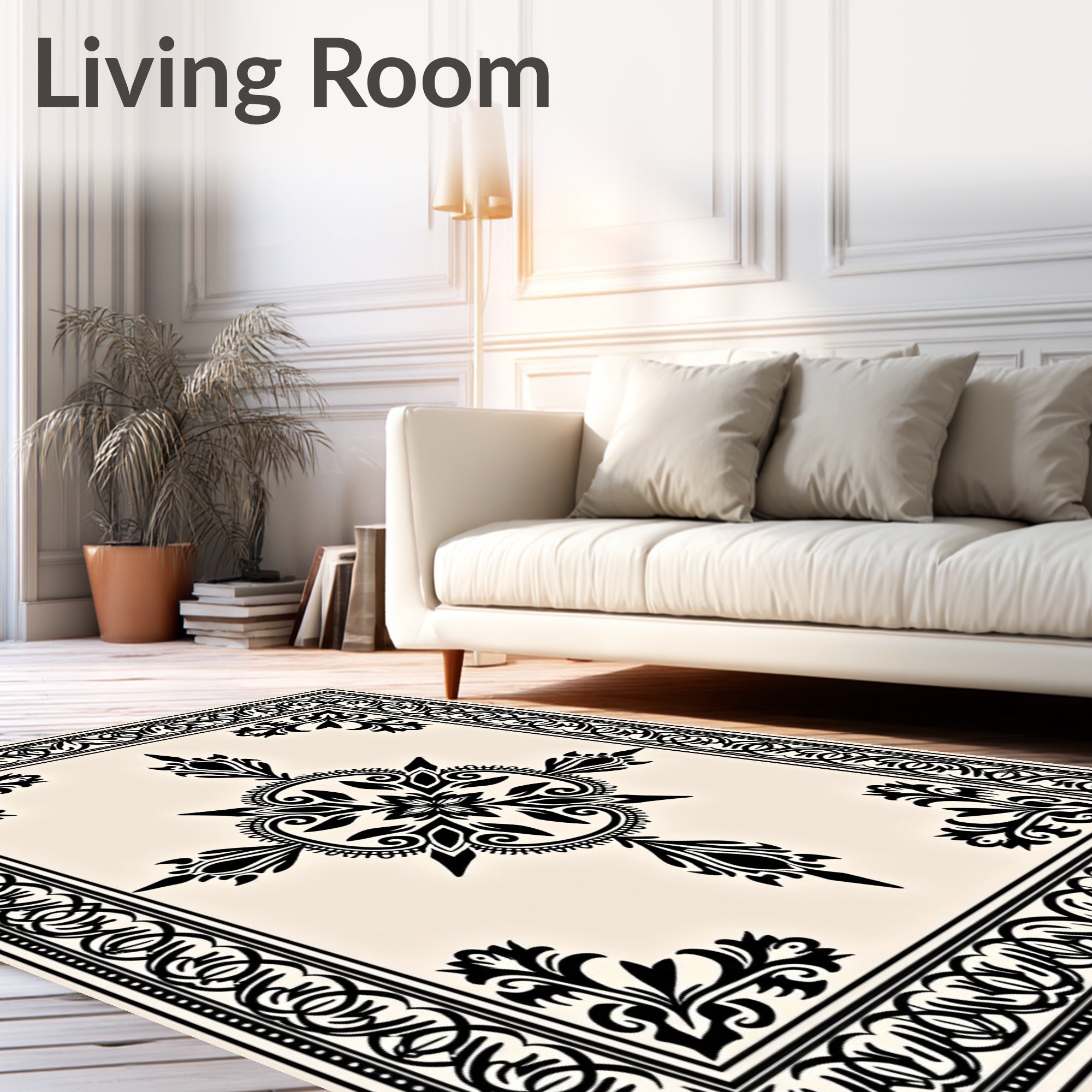 Black Floral Medallion on Cream Surface Rug
