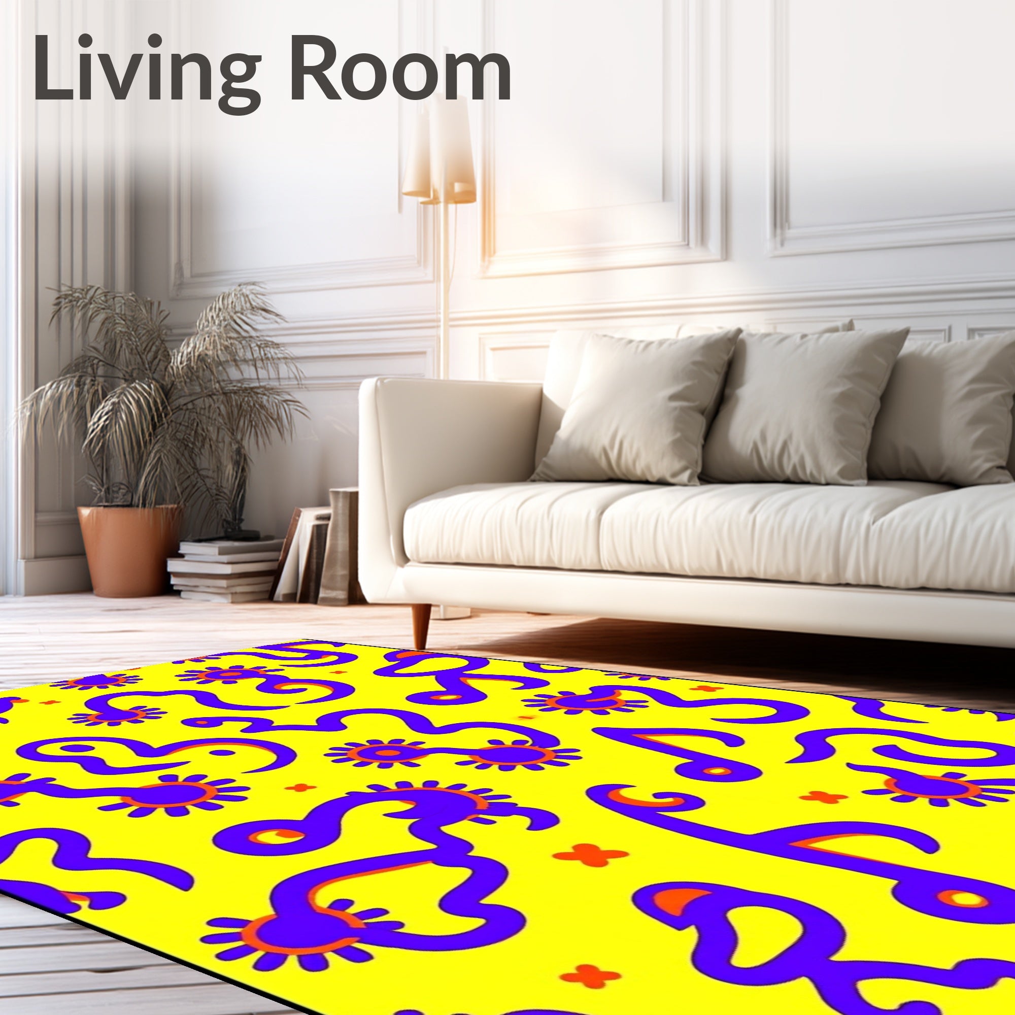 Vibrant Yellow Purple Abstract Creatures Rug