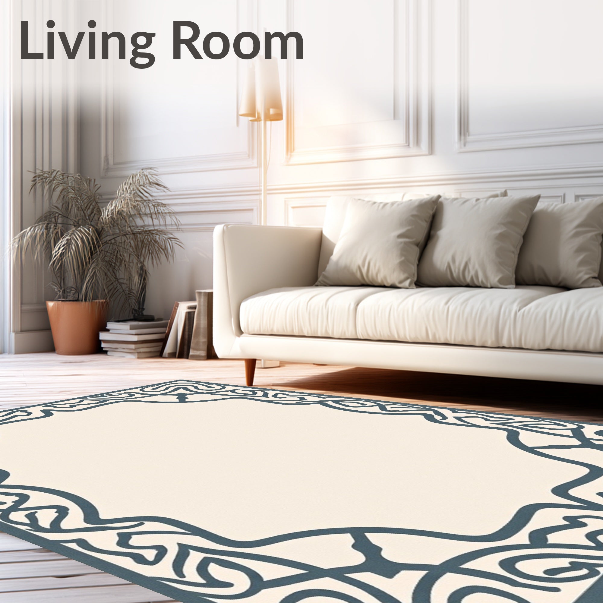 Deep Blue Swirling Border Frame Rug