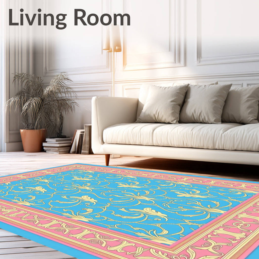 Baroque Gold Blue Pink Medallion Border Rug