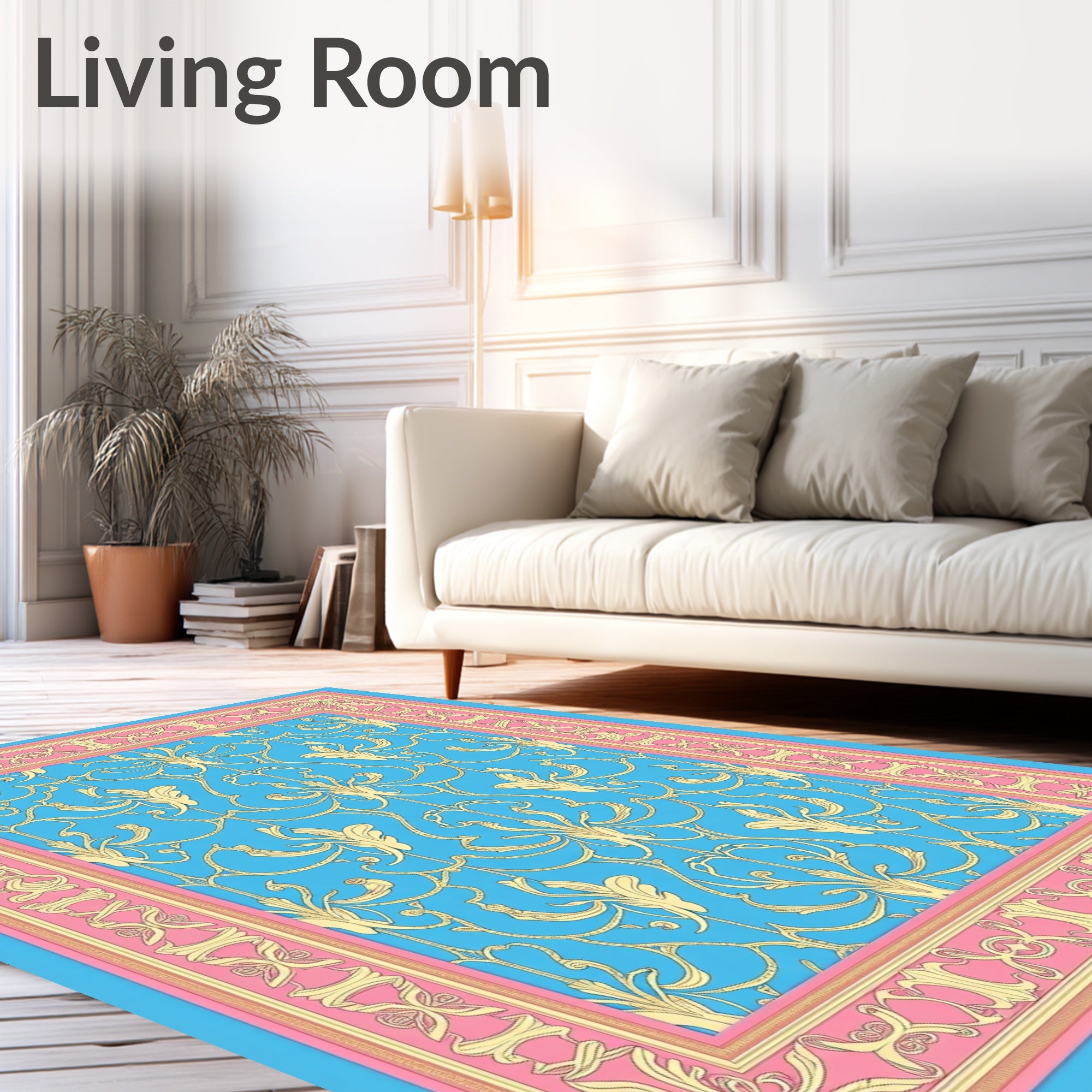 Baroque Gold Blue Pink Medallion Border Rug