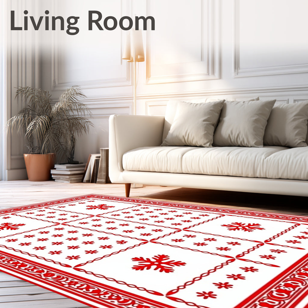 Red Snowflake Grid Border Rug