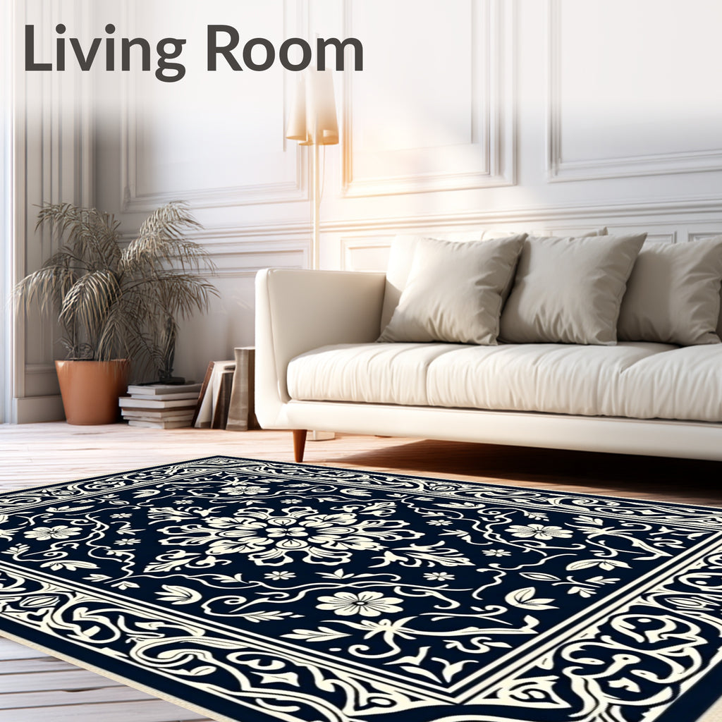 Navy Ivory Floral Scrollwork Rug
