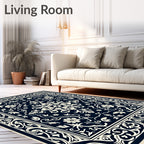 Navy Ivory Floral Scrollwork Rug
