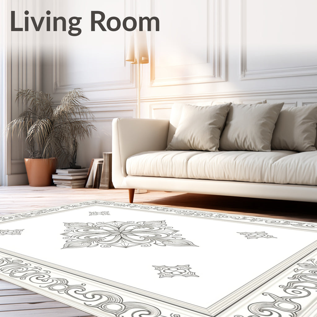 Ornate White Floral Medallion Frame Rug