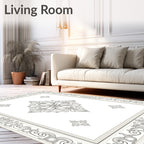 Ornate White Floral Medallion Frame Rug