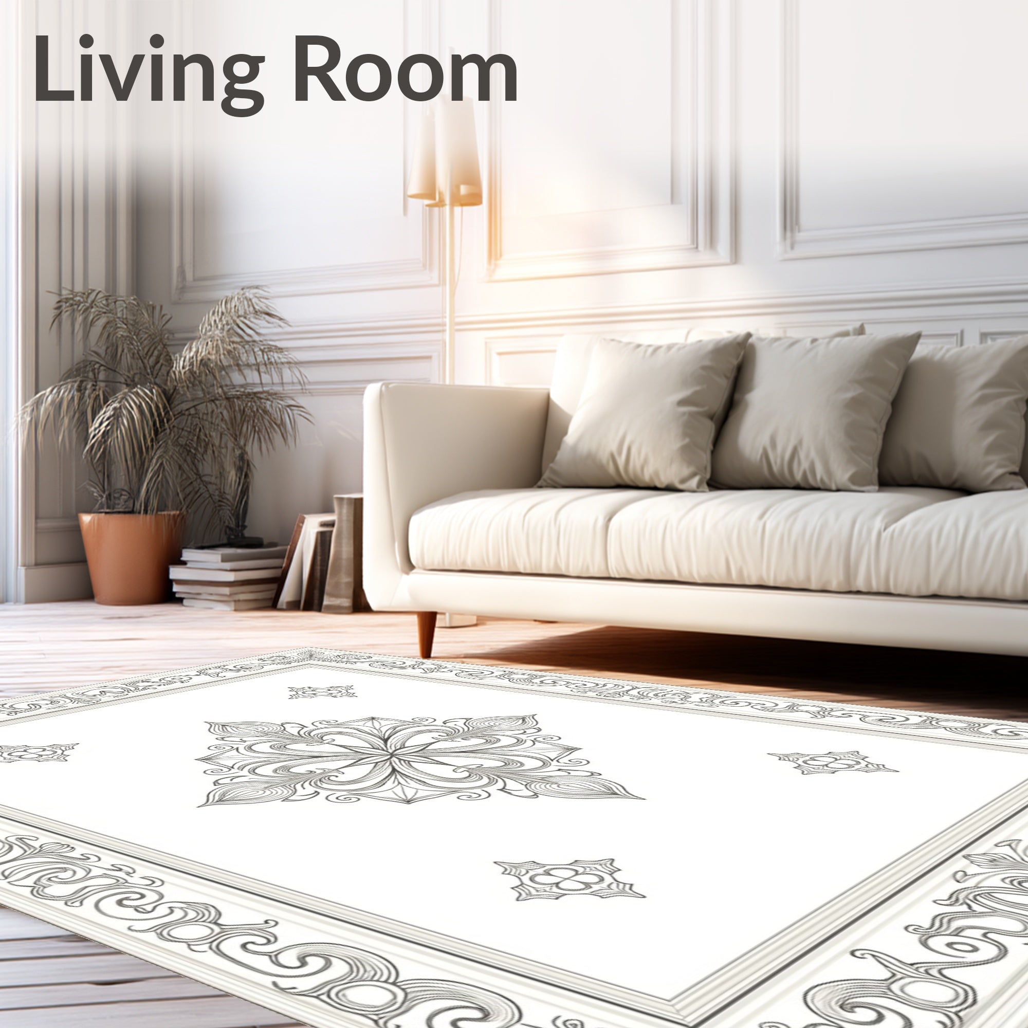 Ornate White Floral Medallion Frame Rug