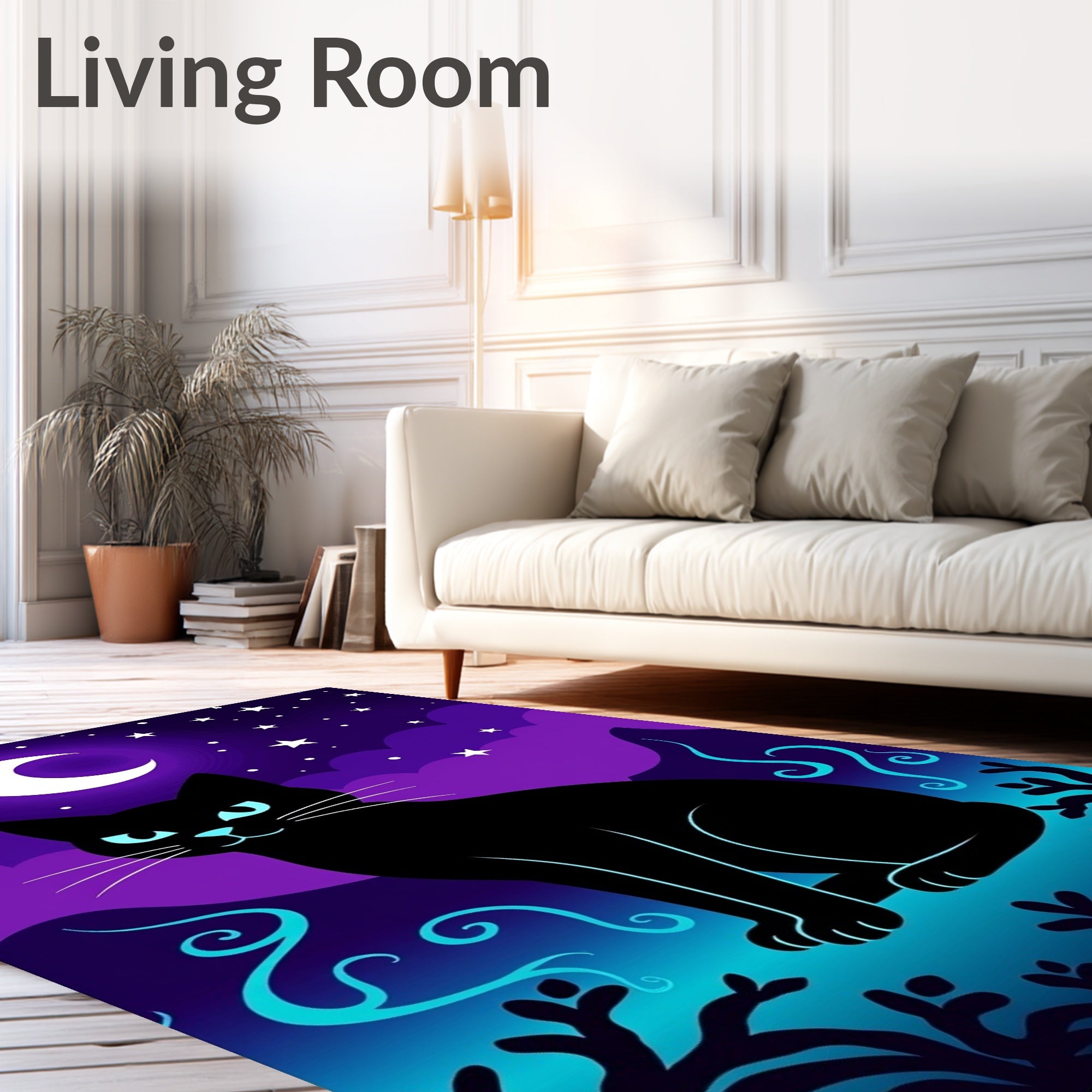 Mystic Black Cat Crescent Moon Night Rug