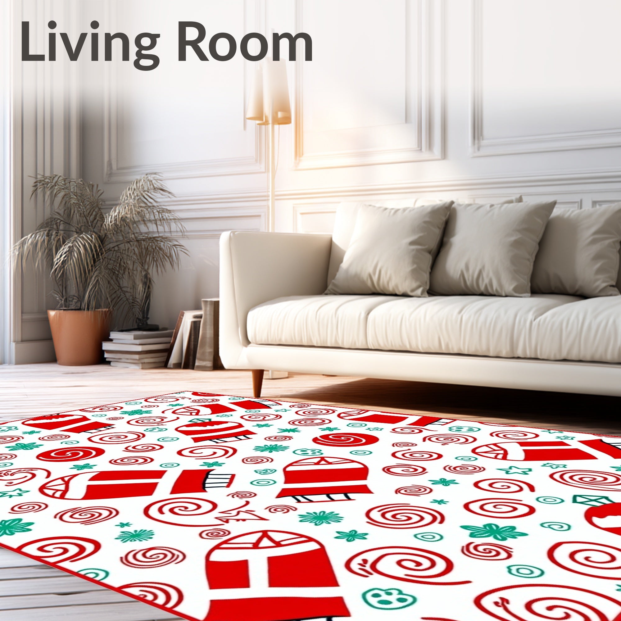 Red White Mitten Swirl Snowflake Ornament Rug