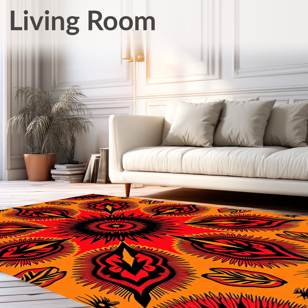 Fiery Red Black Abstract Medallion Rug