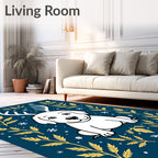 White Dog Antlers Golden Foliage Snowflakes Rug