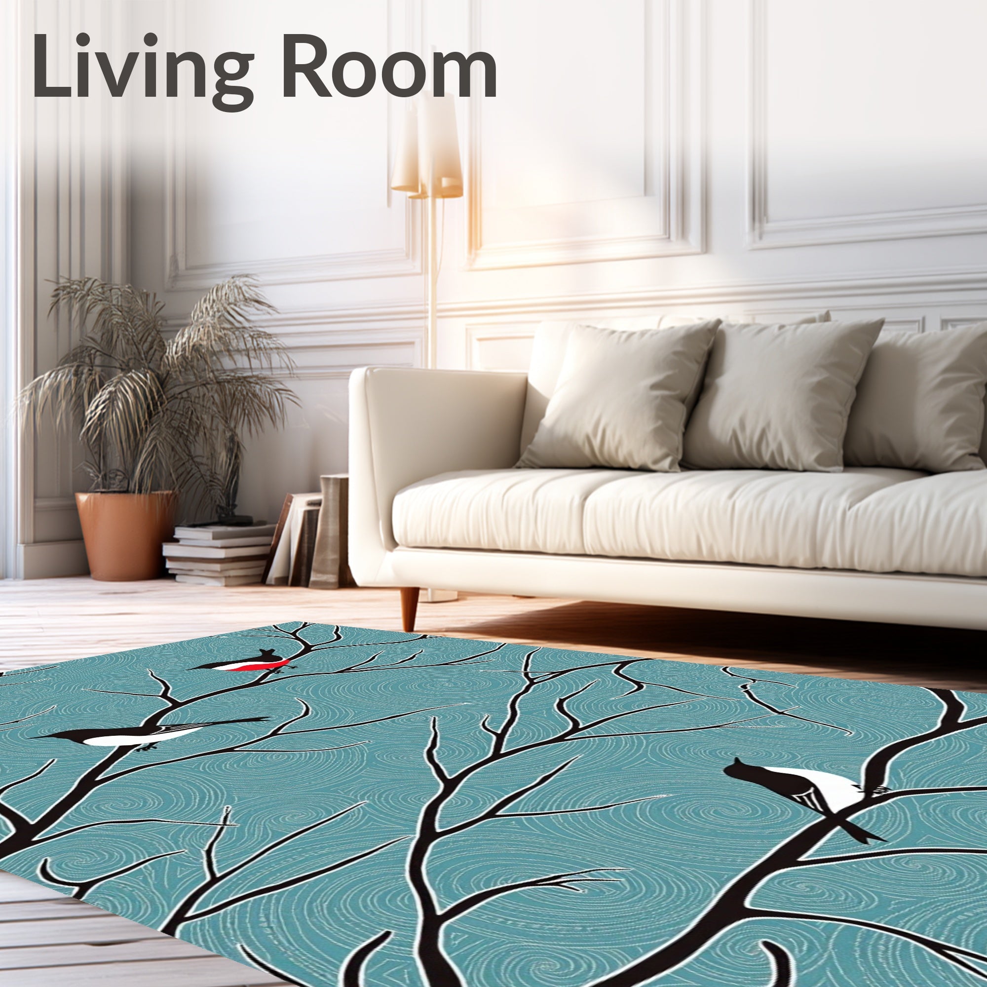 Teal Swirl Birds on Branches Rug