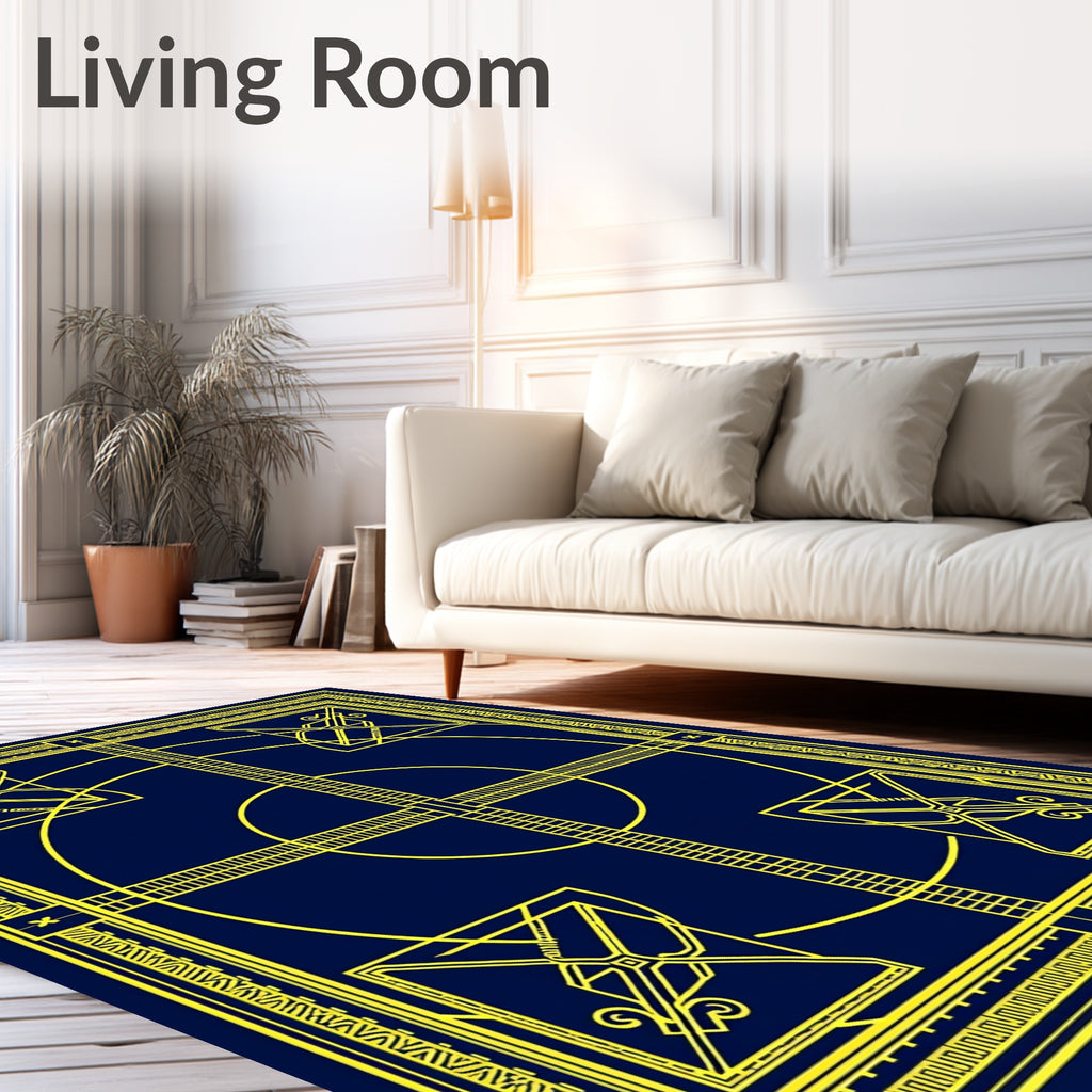 Navy Yellow Geometric Square Circle Rug