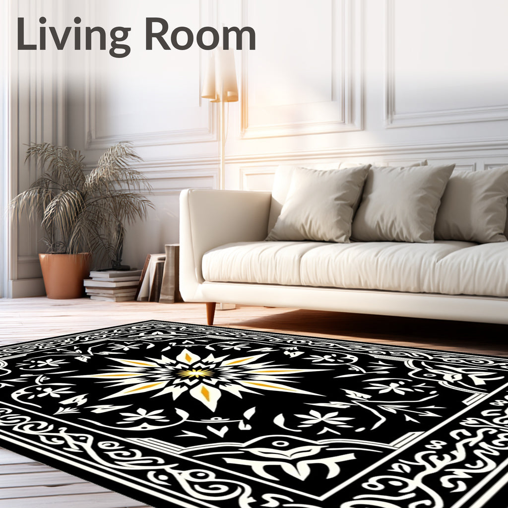 Black Golden Sunburst Floral Border Rug