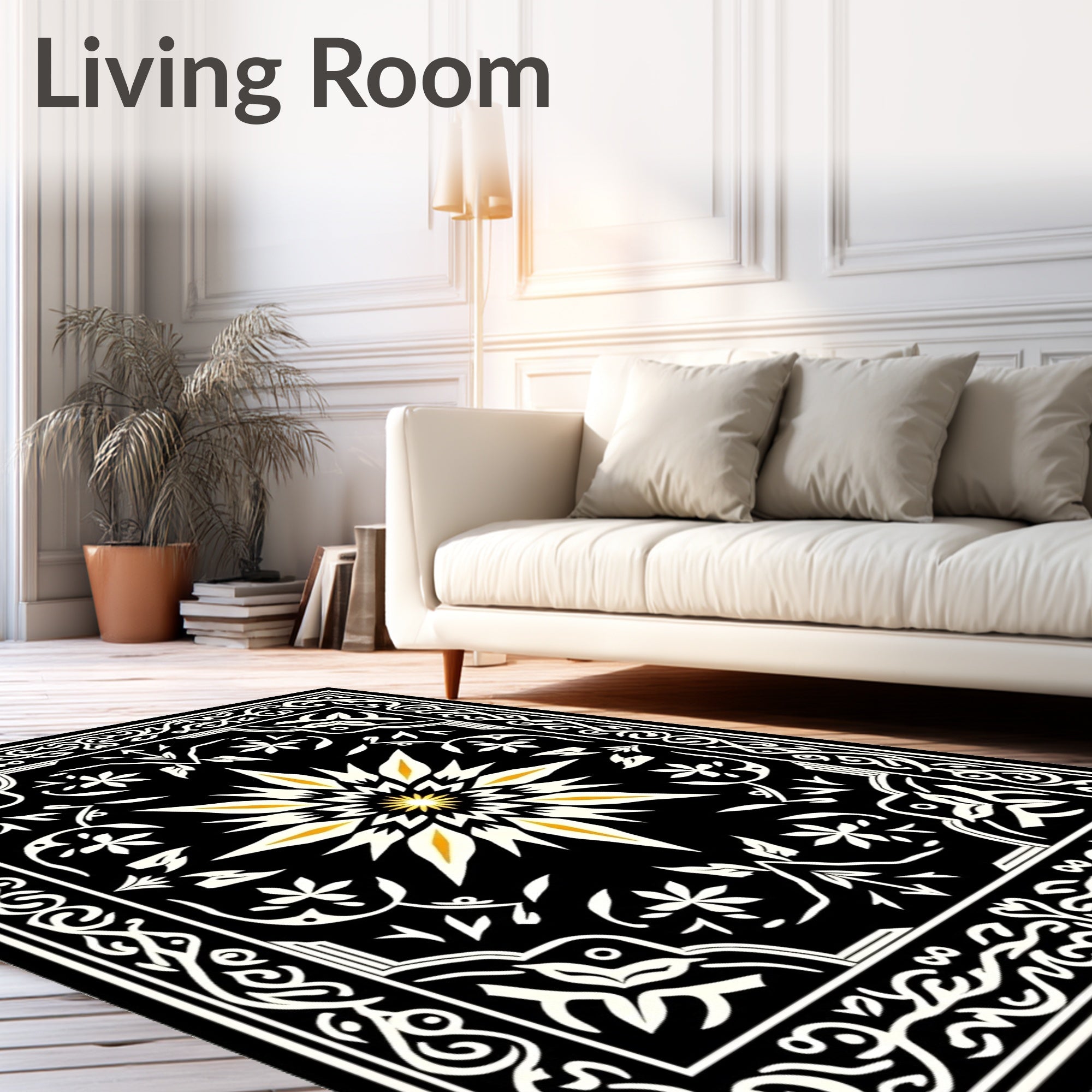 Black Golden Sunburst Floral Border Rug
