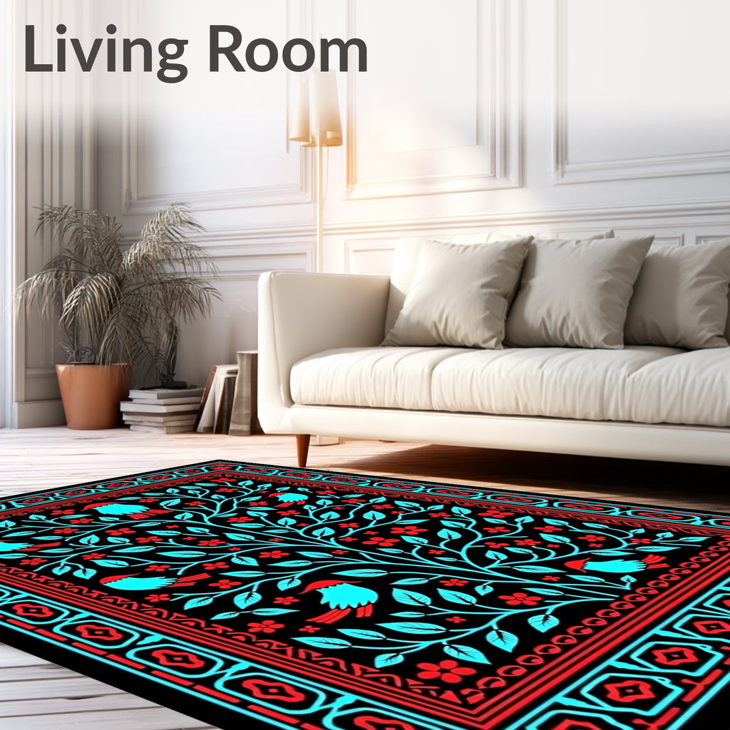 Bold Cyan Birds Red Flowers Tree Rug
