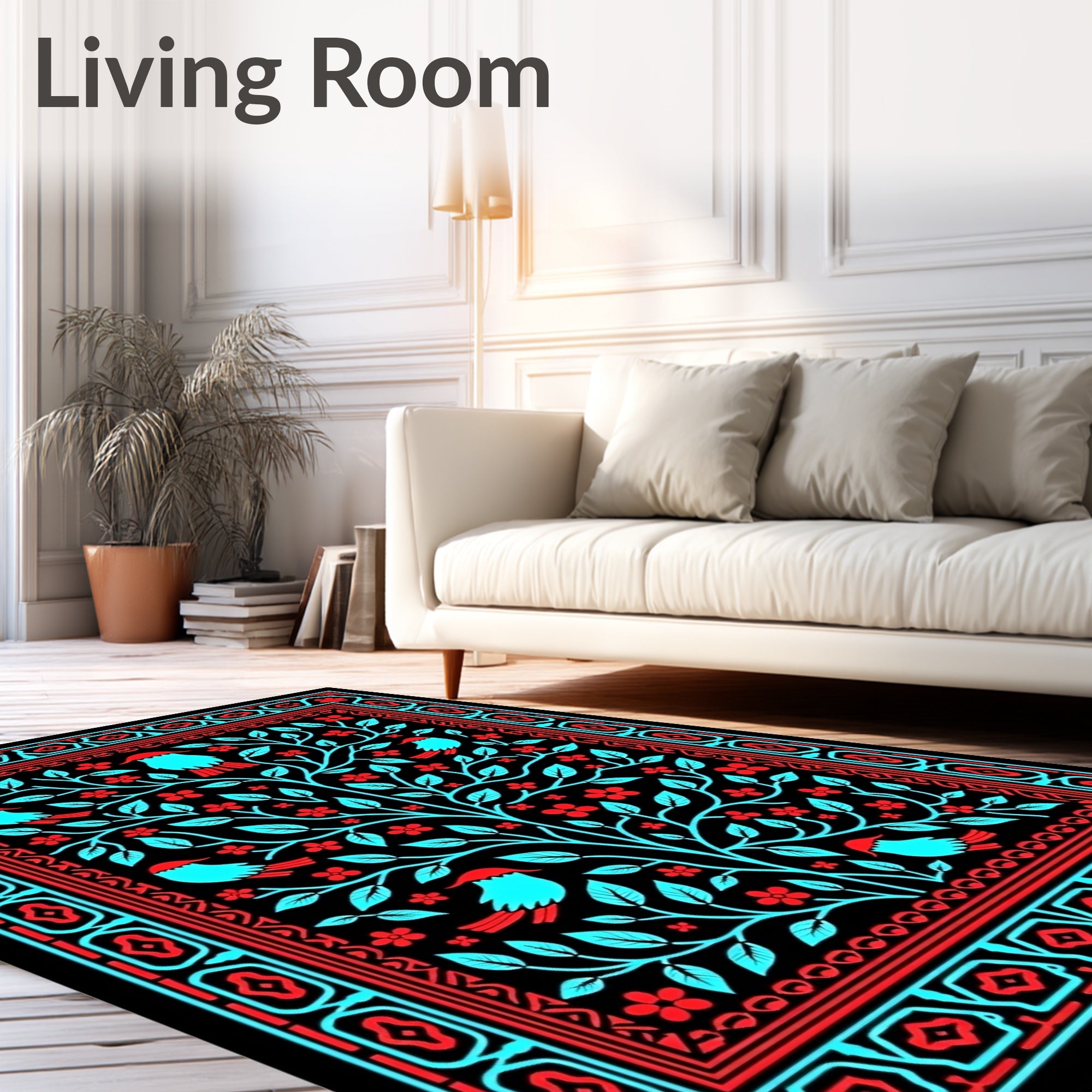 Bold Cyan Birds Red Flowers Tree Rug