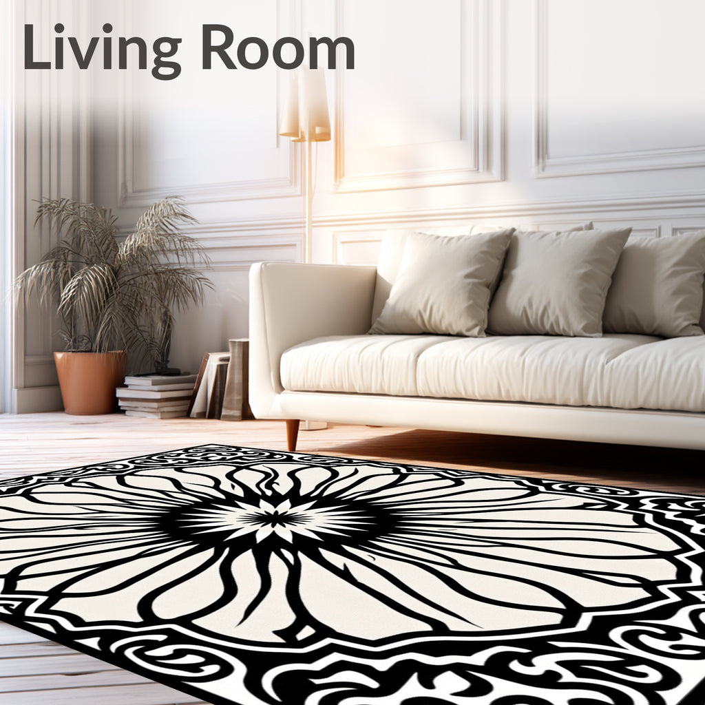 Monochromatic Black Geometric Floral Bloom Rug