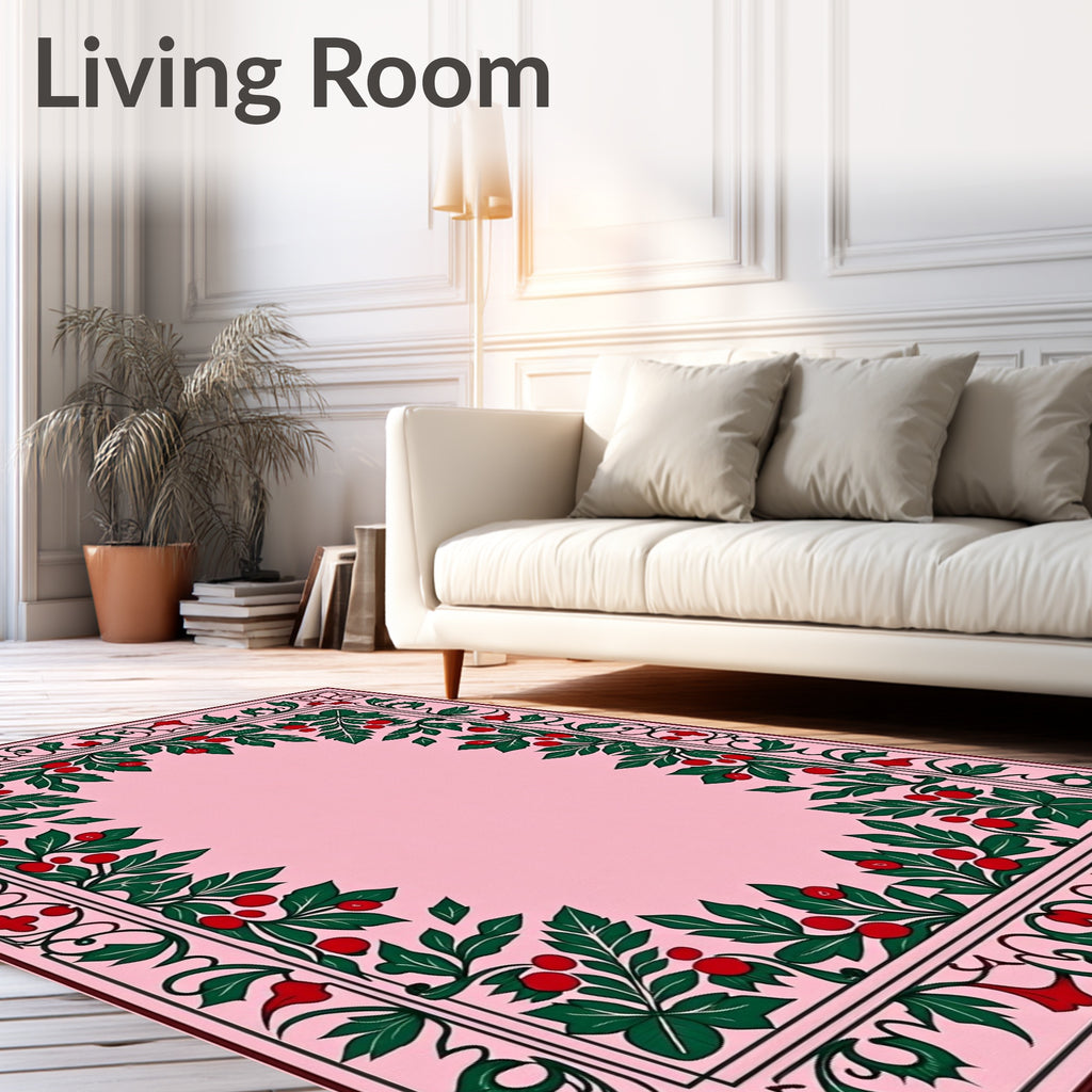 Classic Pink Holly Berry Garland Border Rug