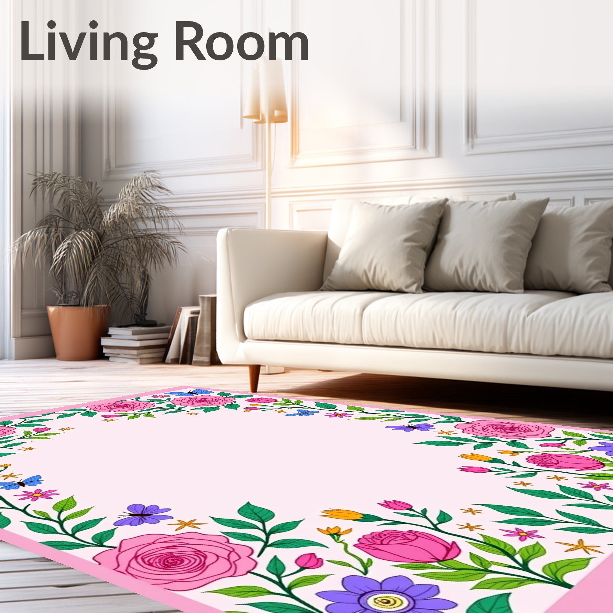 Pink Rose Butterfly Meadow Floral Rug