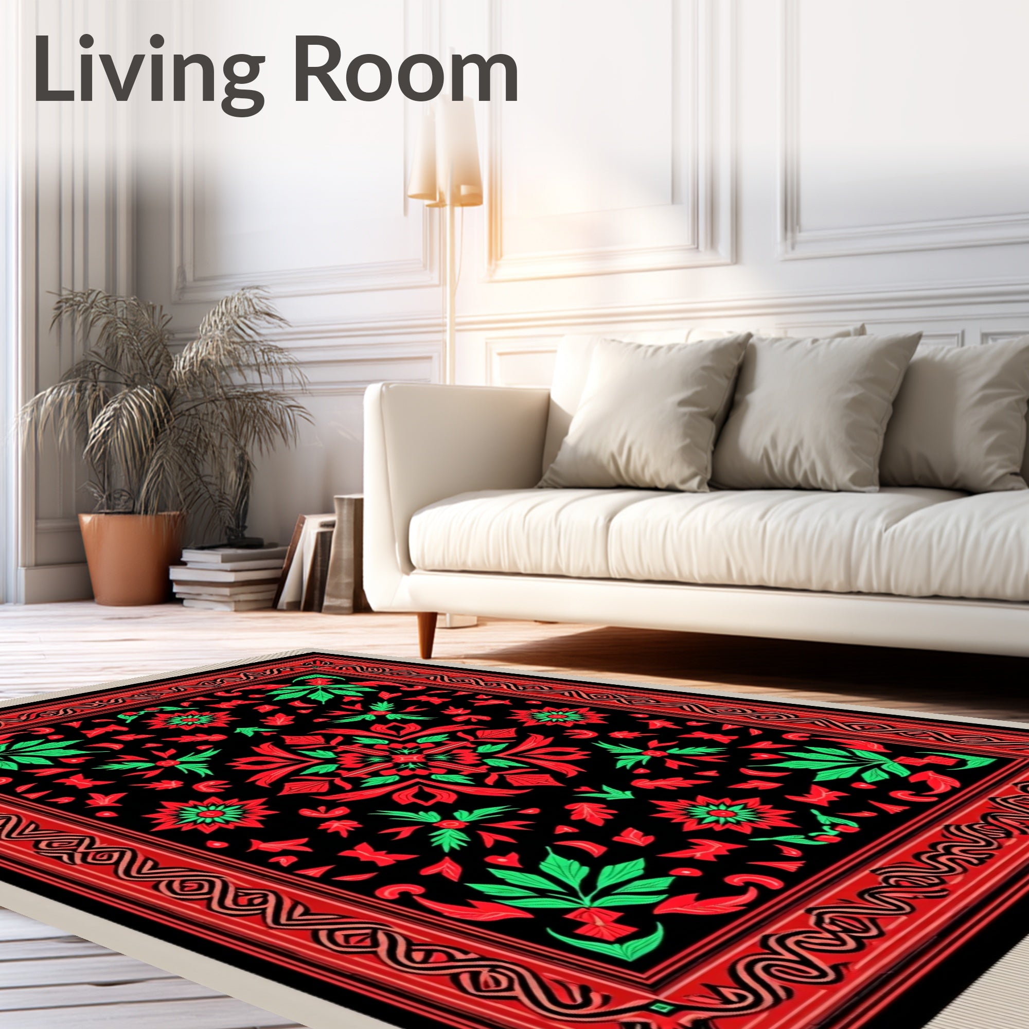 Vibrant Black Red Green Floral Rug