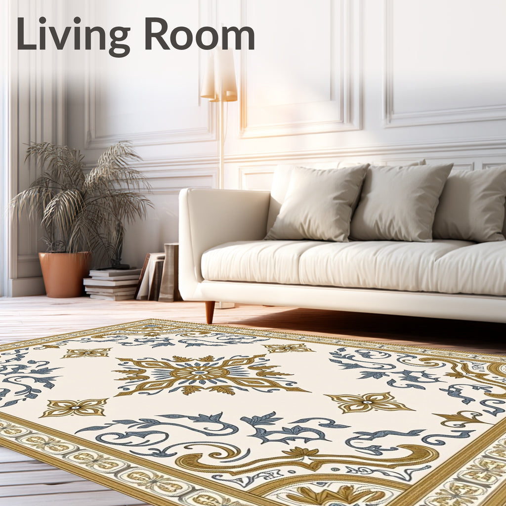 Ornate Gold Blue Medallion Border Rug