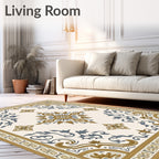 Ornate Gold Blue Medallion Border Rug