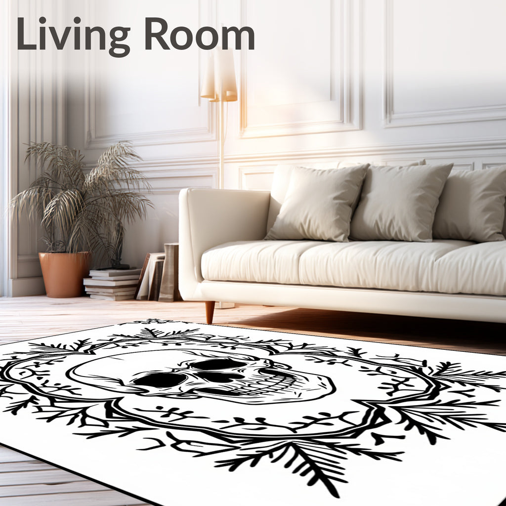 Black Skull Floral Wreath Rug