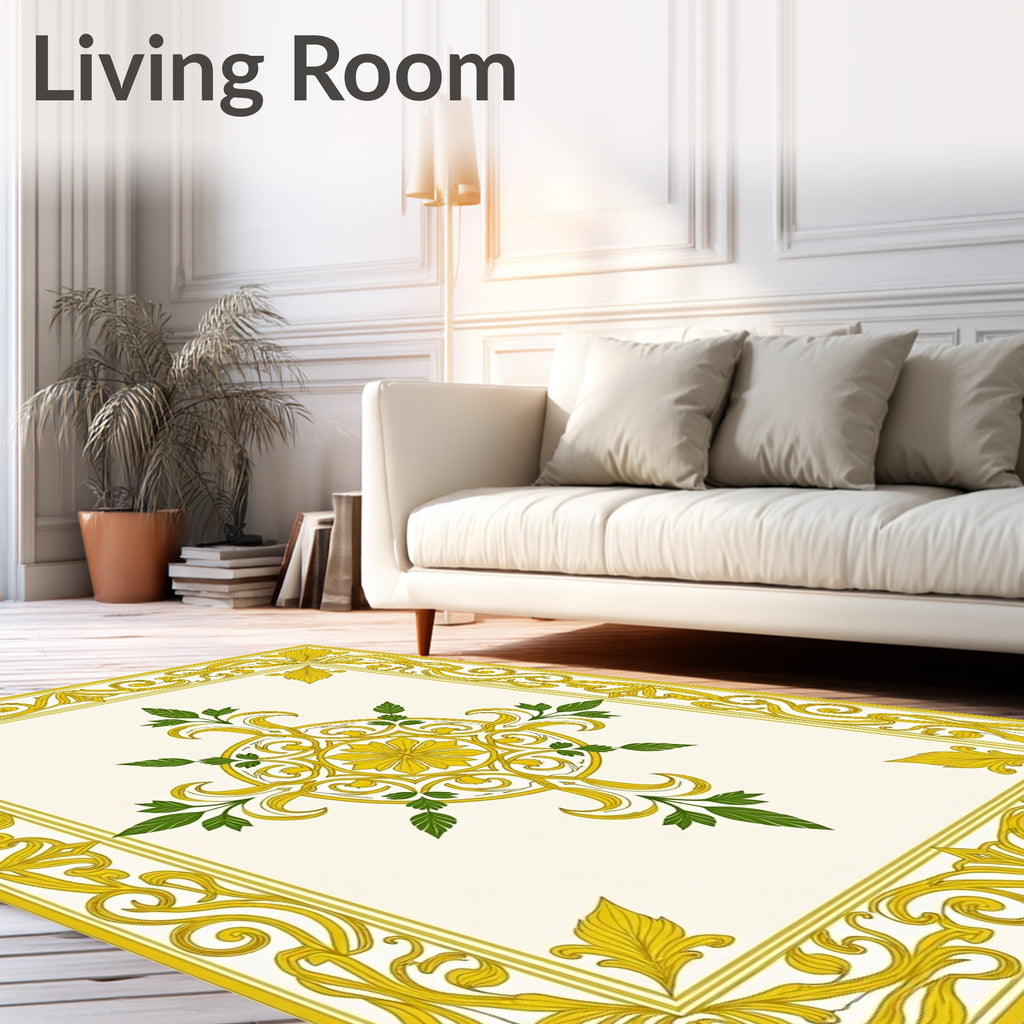 Ornate Yellow Golden Floral Medallion Border Rug