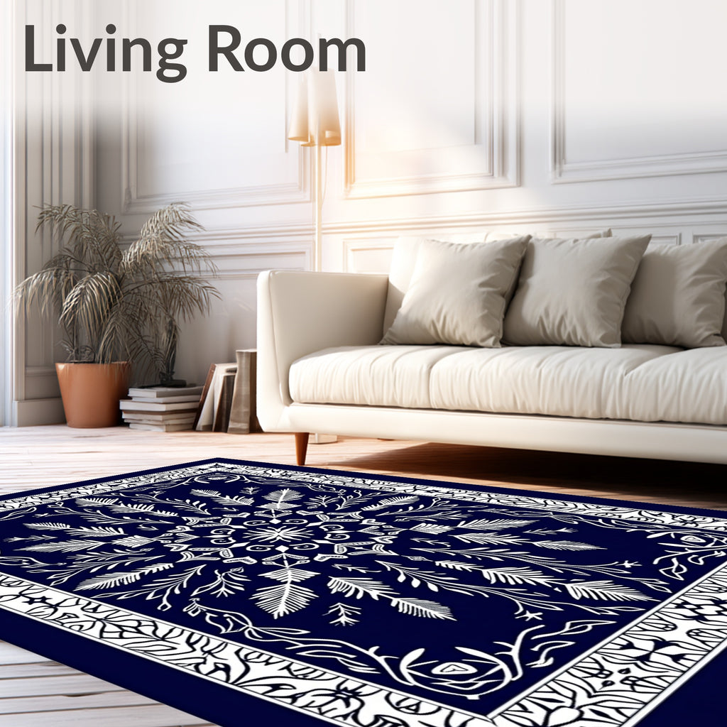 Deep Blue White Symmetrical Floral Medallion Rug