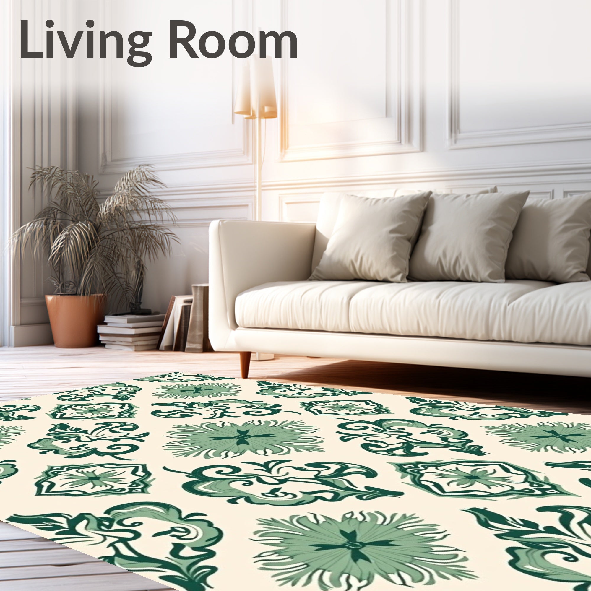 Green Floral Scroll Medallion Rug