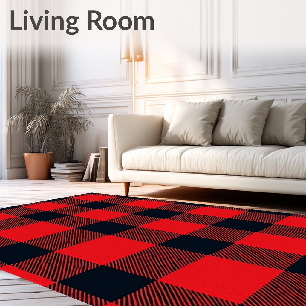 Crimson Black Plaid Squares Area Rug