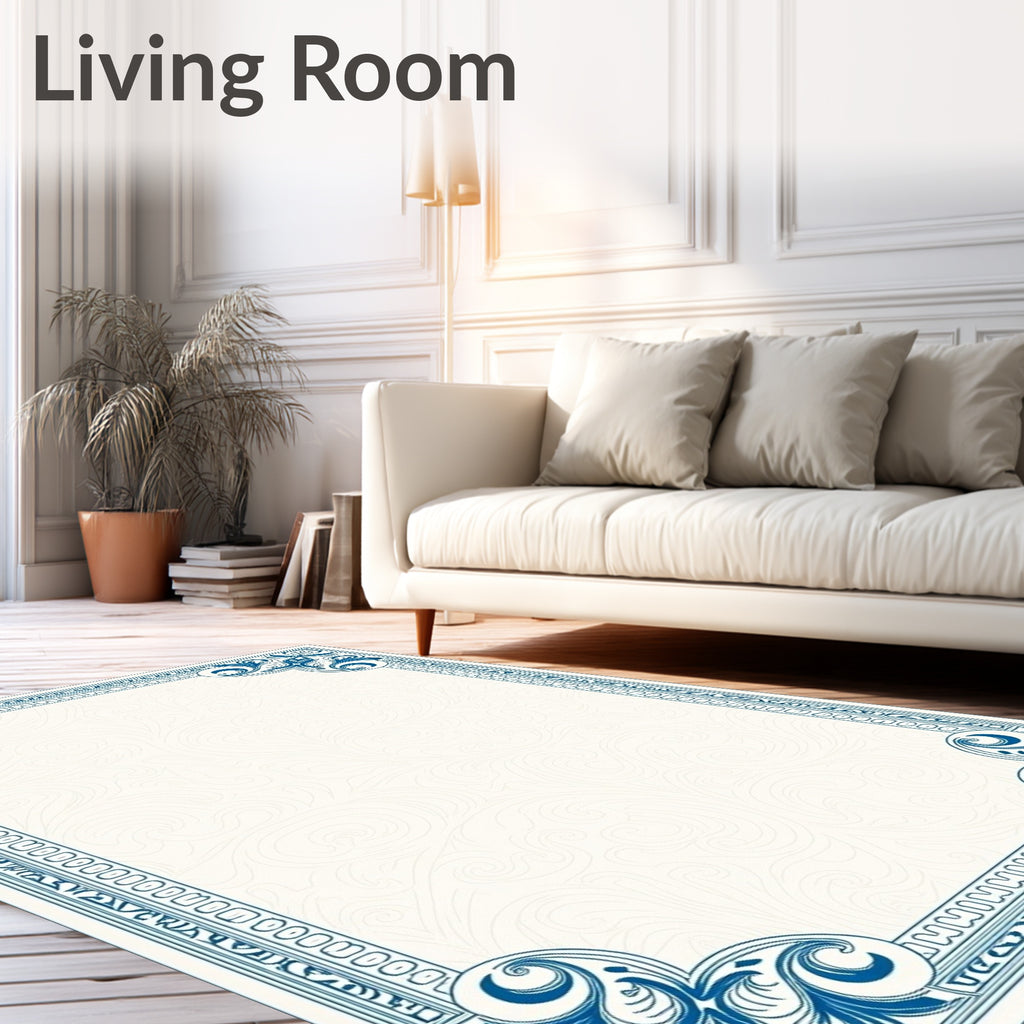 Classic Blue Floral Scroll Border Rug