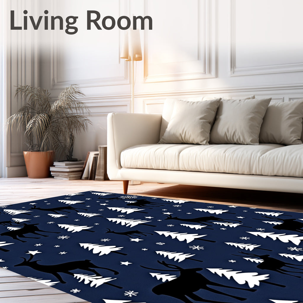 Dark Blue Reindeer Christmas Trees Rug