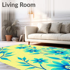 Bright Teal Floral Branches Yellow Background Rug