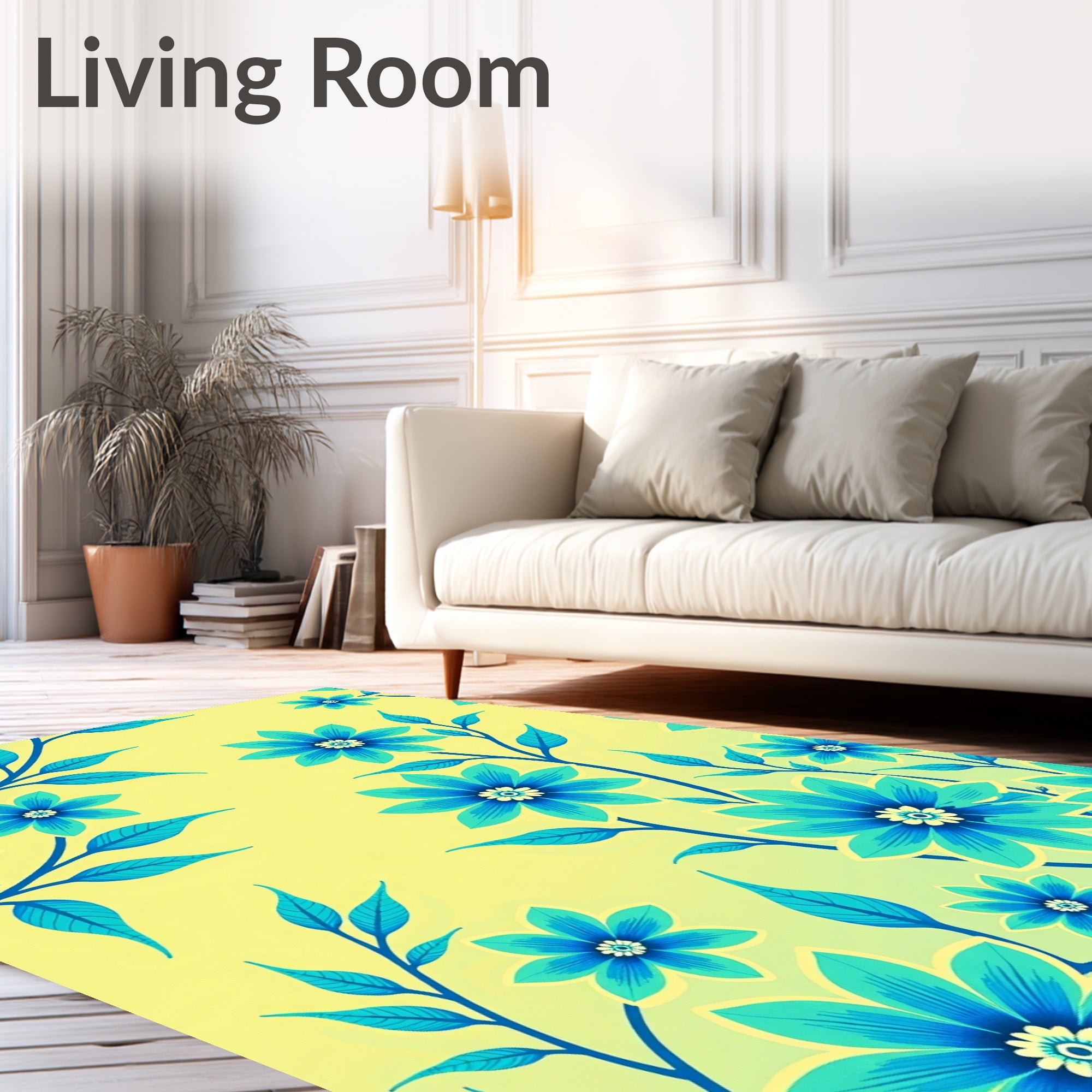 Bright Teal Floral Branches Yellow Background Rug