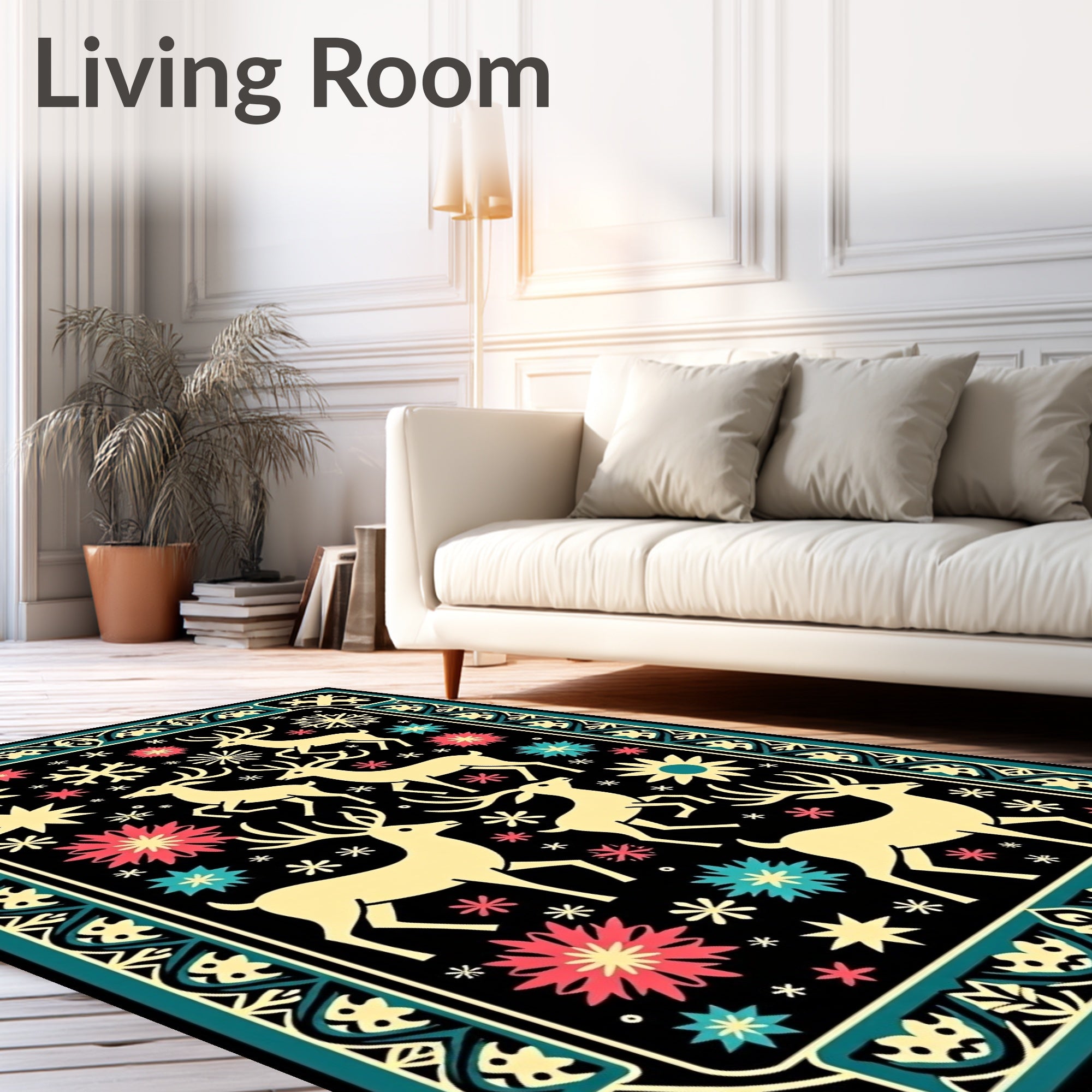 Cream Deer Floral Snowflake Border Rug
