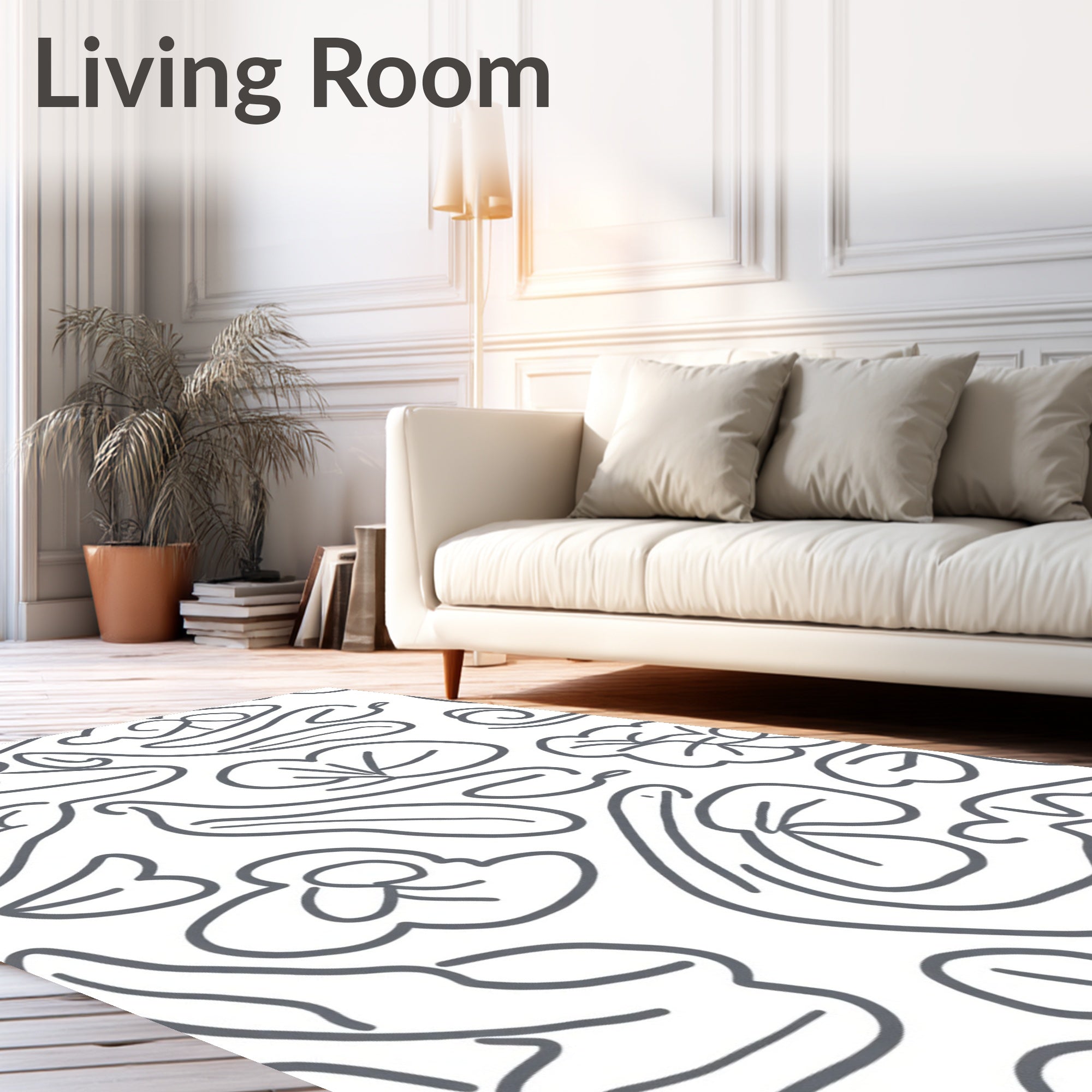 Simple Gray Line Art Floral Rug